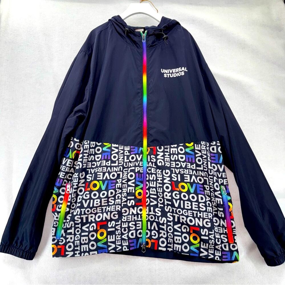 EUC Universal Studios PRIDE Lightweight Windbreaker Hooded Jacket Adult 2XL Navy